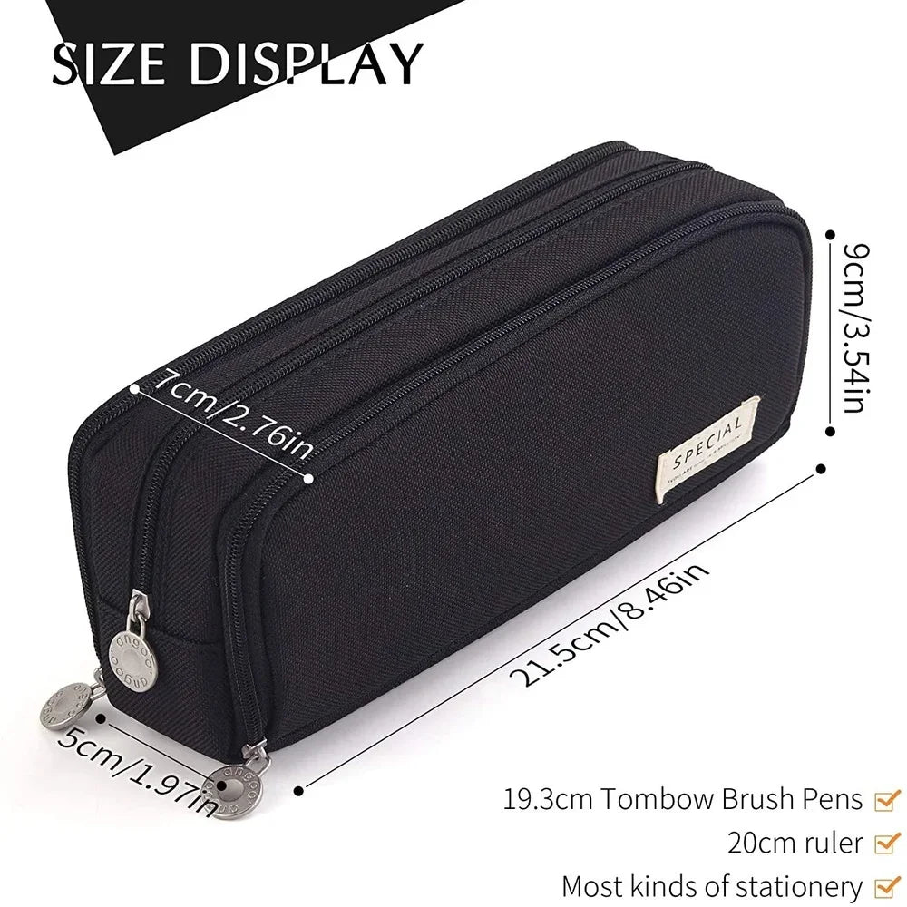 Black pencil case with measurements on a white background
