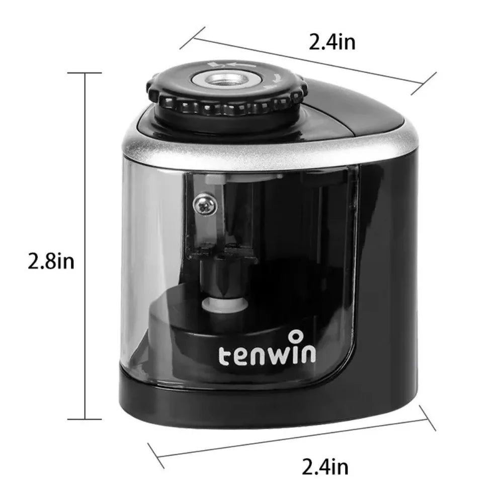 Black pencil sharpener with dimensions labeled on a white background