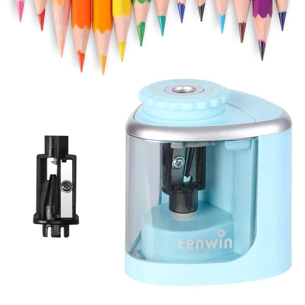 Blue pencil sharpener with colorful pencils in the background
