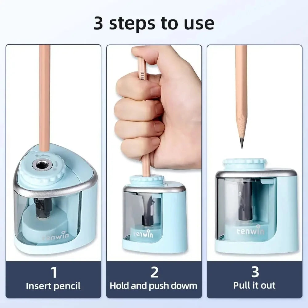 Step-by-step guide on how to use a blue pencil sharpener with 'tenwin' branding.