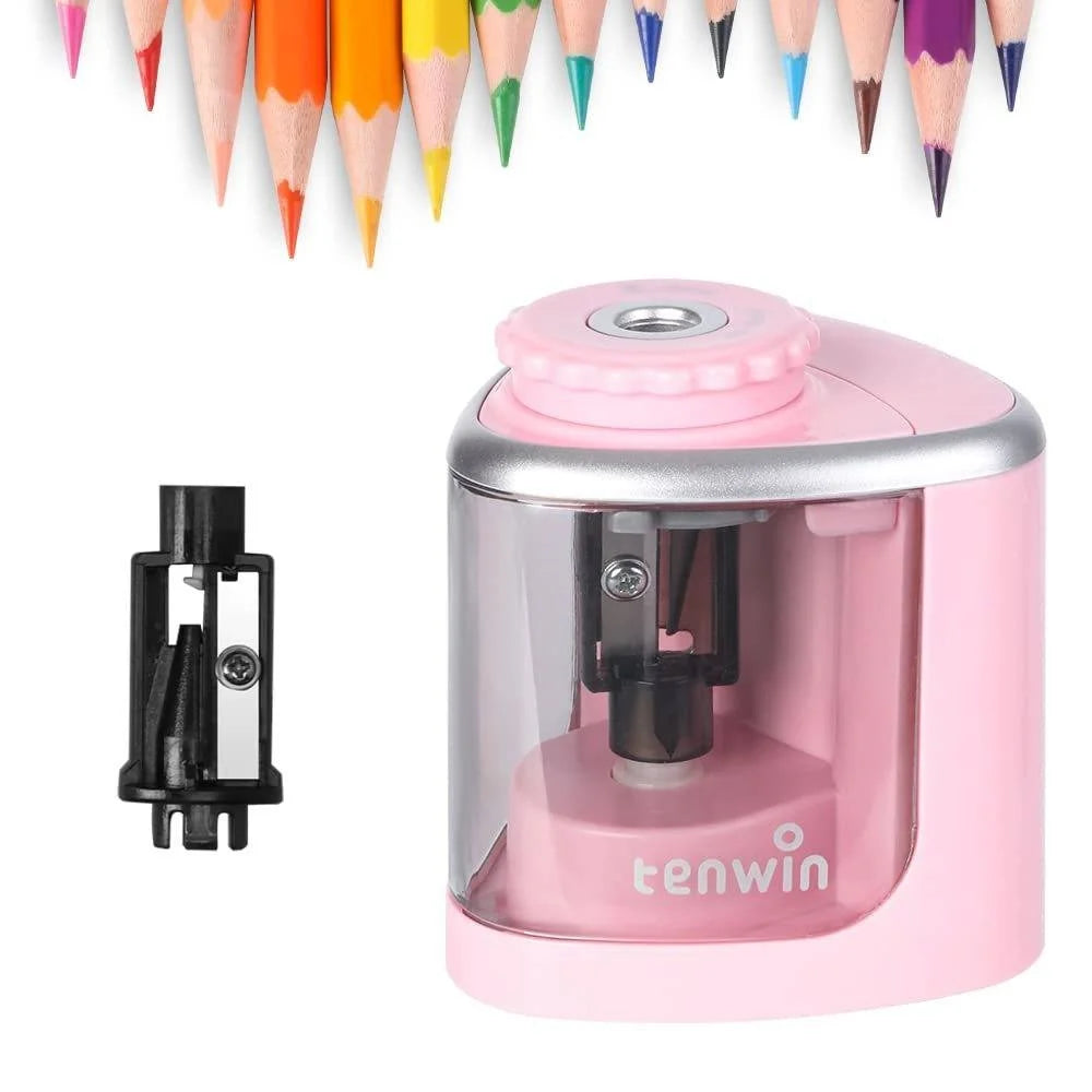 Pink pencil sharpener with colorful pencils on a white background