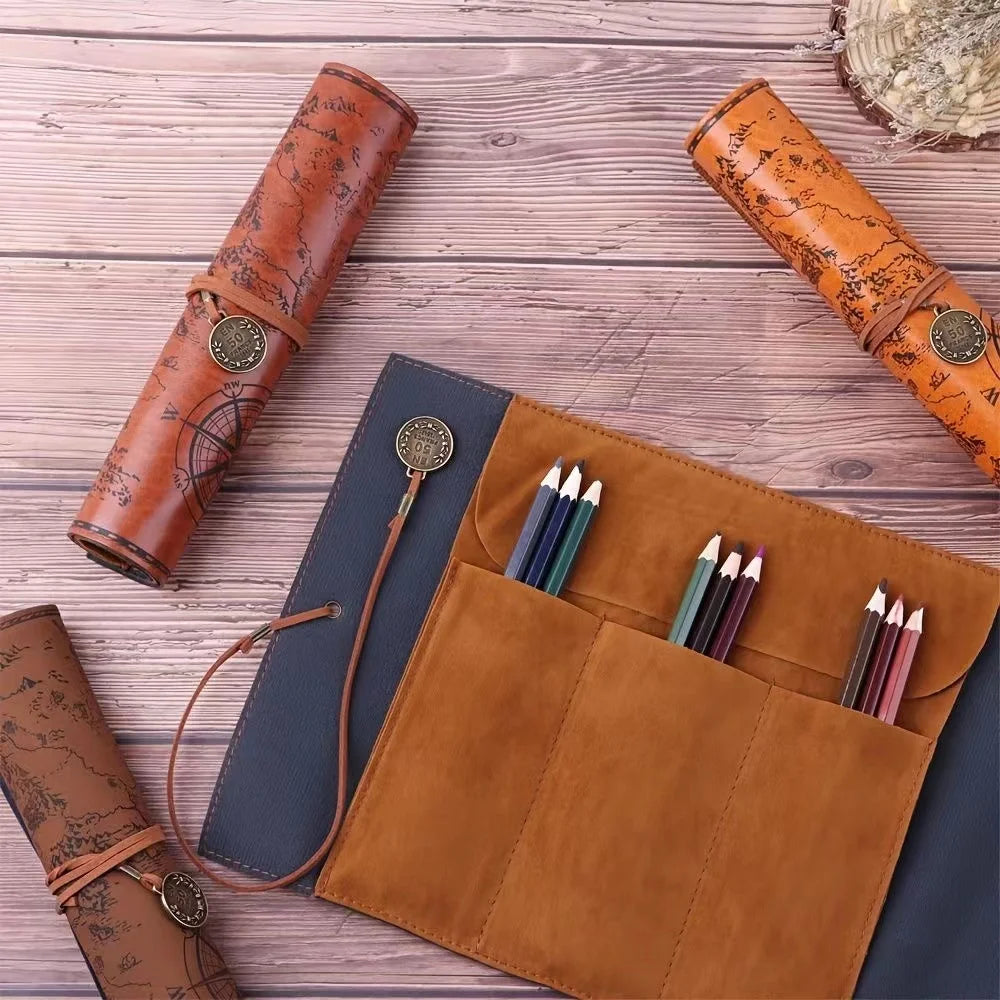 Brown leather pencil case with map design on a wooden surface