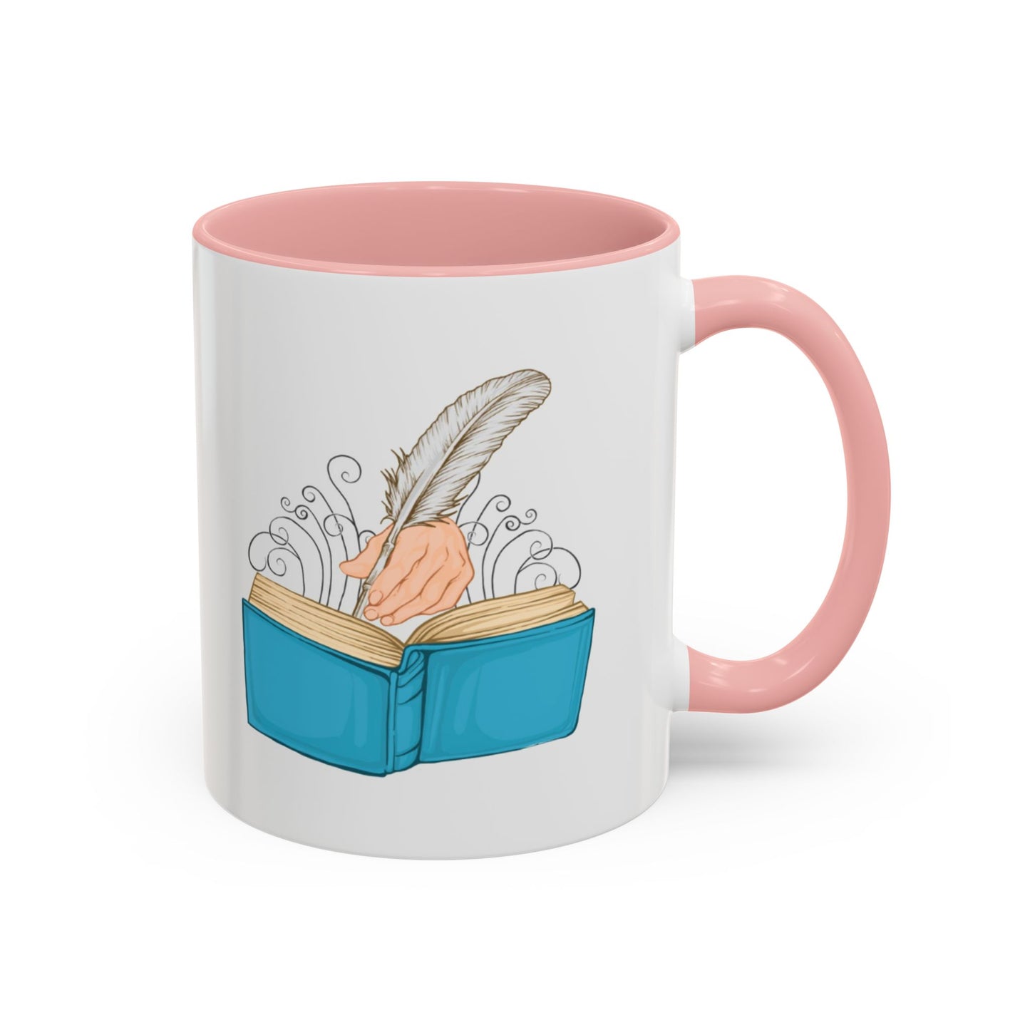 Mug with a design of an open book, hand, and feather on a white background