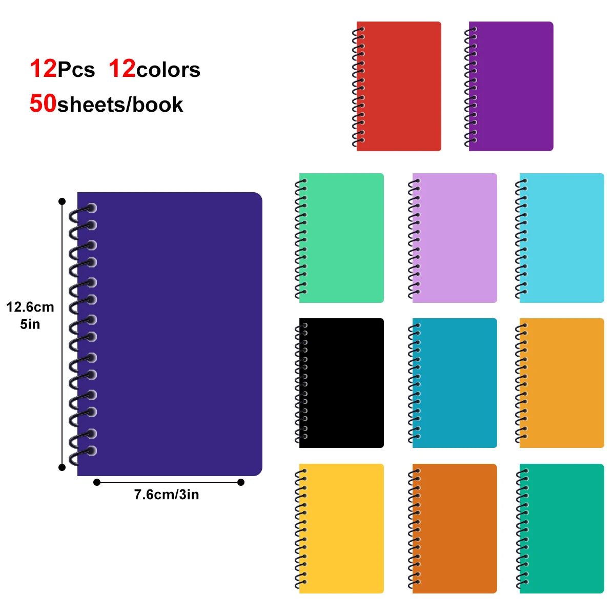 Set of 12 colorful spiral-bound notebooks with dimensions and sheet count information.