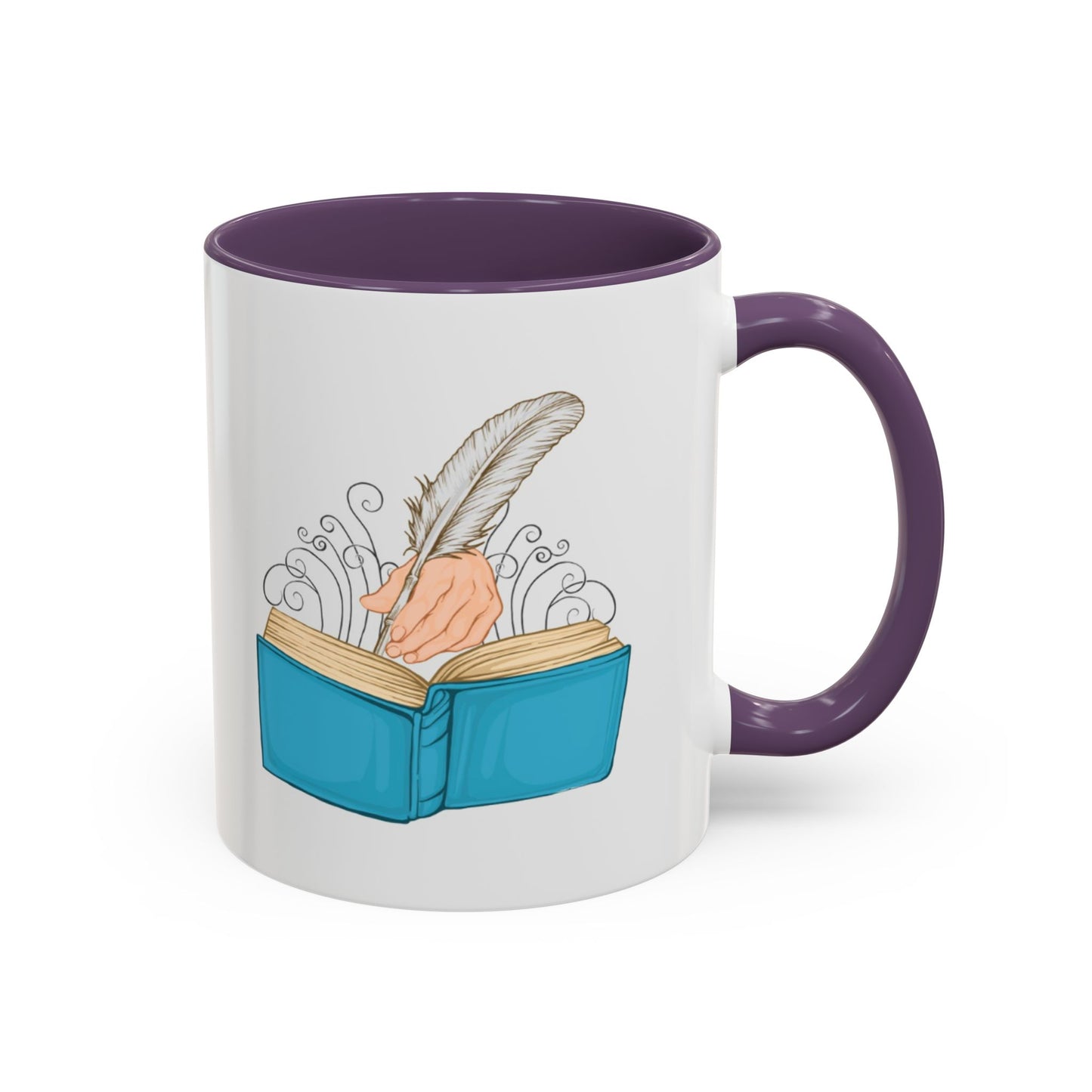 Mug with a design of a hand holding a feather over an open book, against a white background.