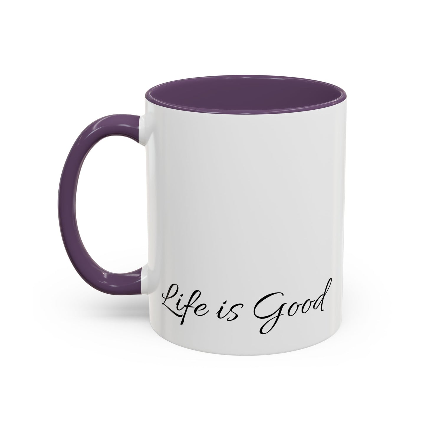 White mug with purple handle and interior, featuring 'Life is Good' text on a white background