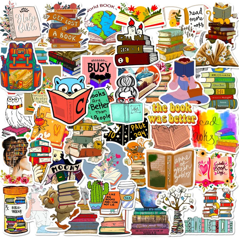 Collection of colorful book-themed stickers on a white background