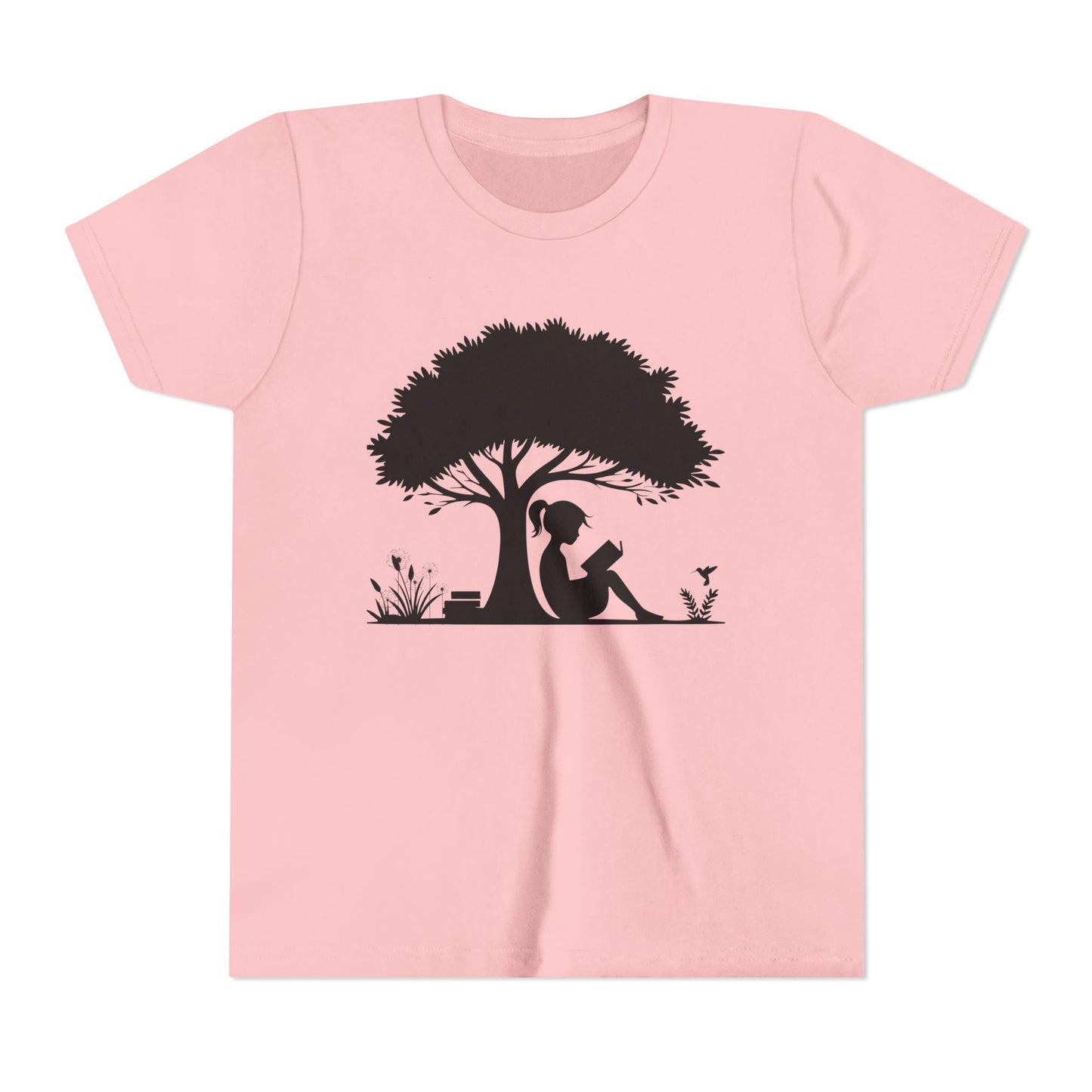 Pink t-shirt with a black silhouette of a girl under a tree on a white background