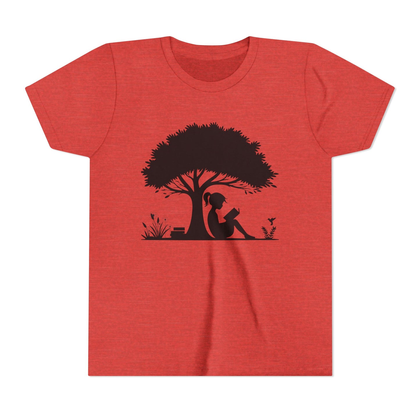 Red t-shirt with black silhouette of a girl under a tree on a white background