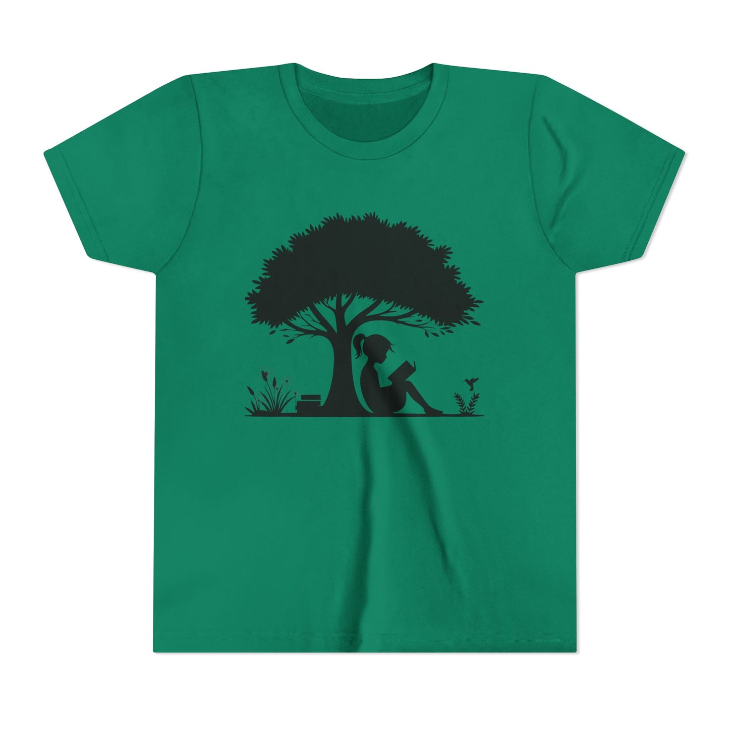 Green t-shirt with a black silhouette of a girl reading under a tree on a white background