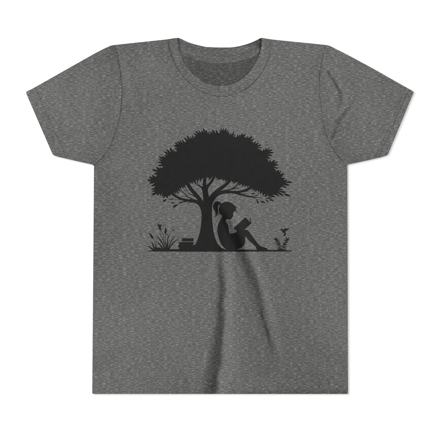 Gray t-shirt with a black silhouette of a girl under a tree on a white background