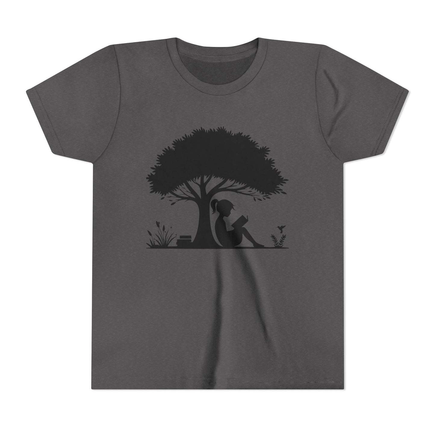 Gray t-shirt with a black silhouette of a girl under a tree on a white background