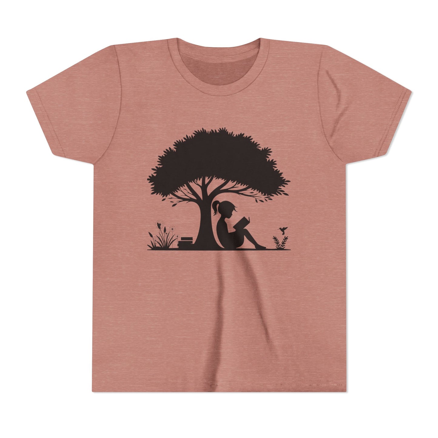 Pink t-shirt with a black silhouette of a girl under a tree on a white background