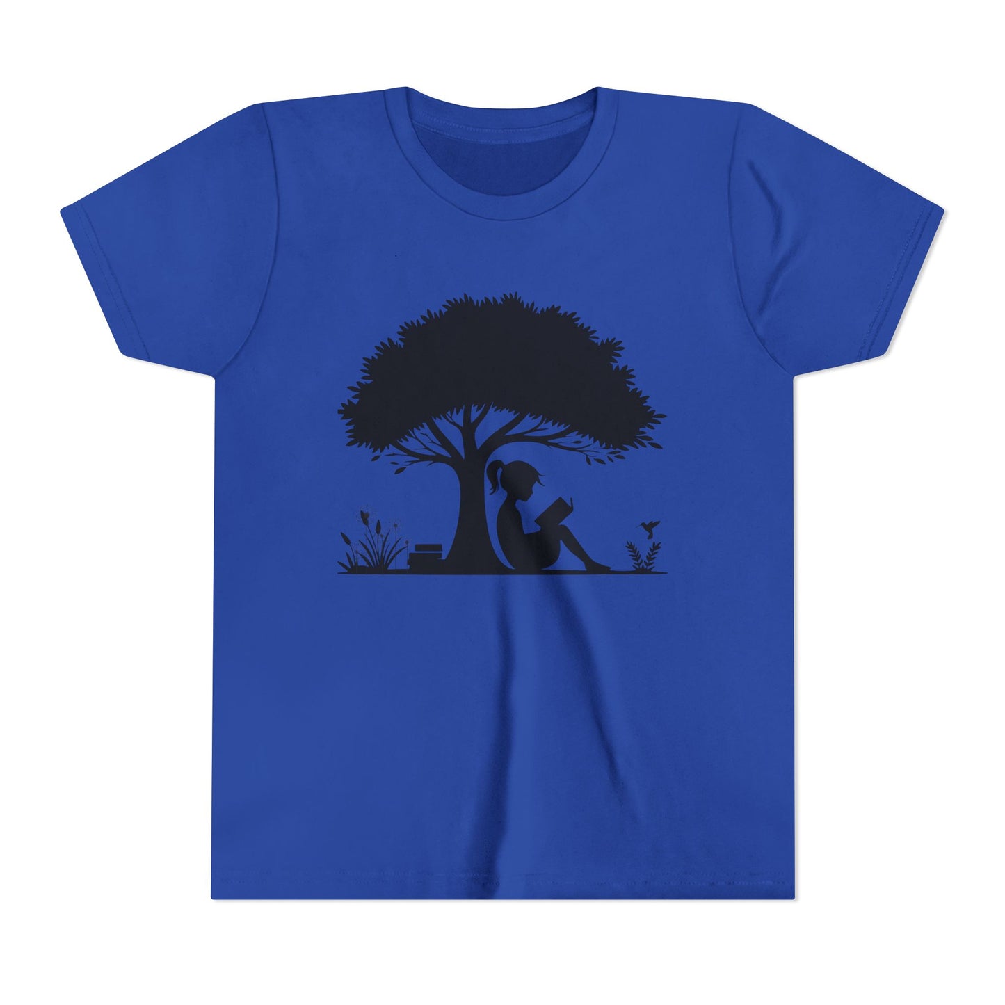 Blue t-shirt with a black silhouette of a girl under a tree on a white background