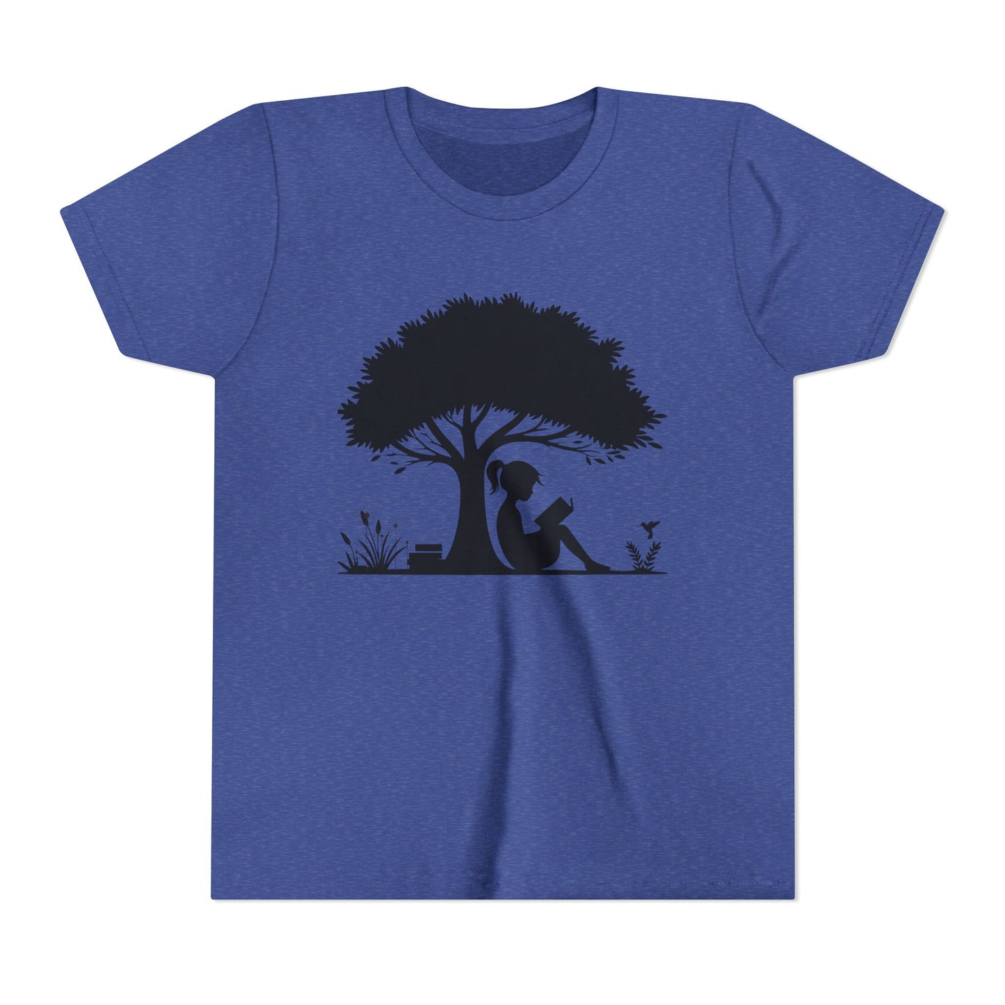 Blue t-shirt with a black silhouette of a girl under a tree on a white background