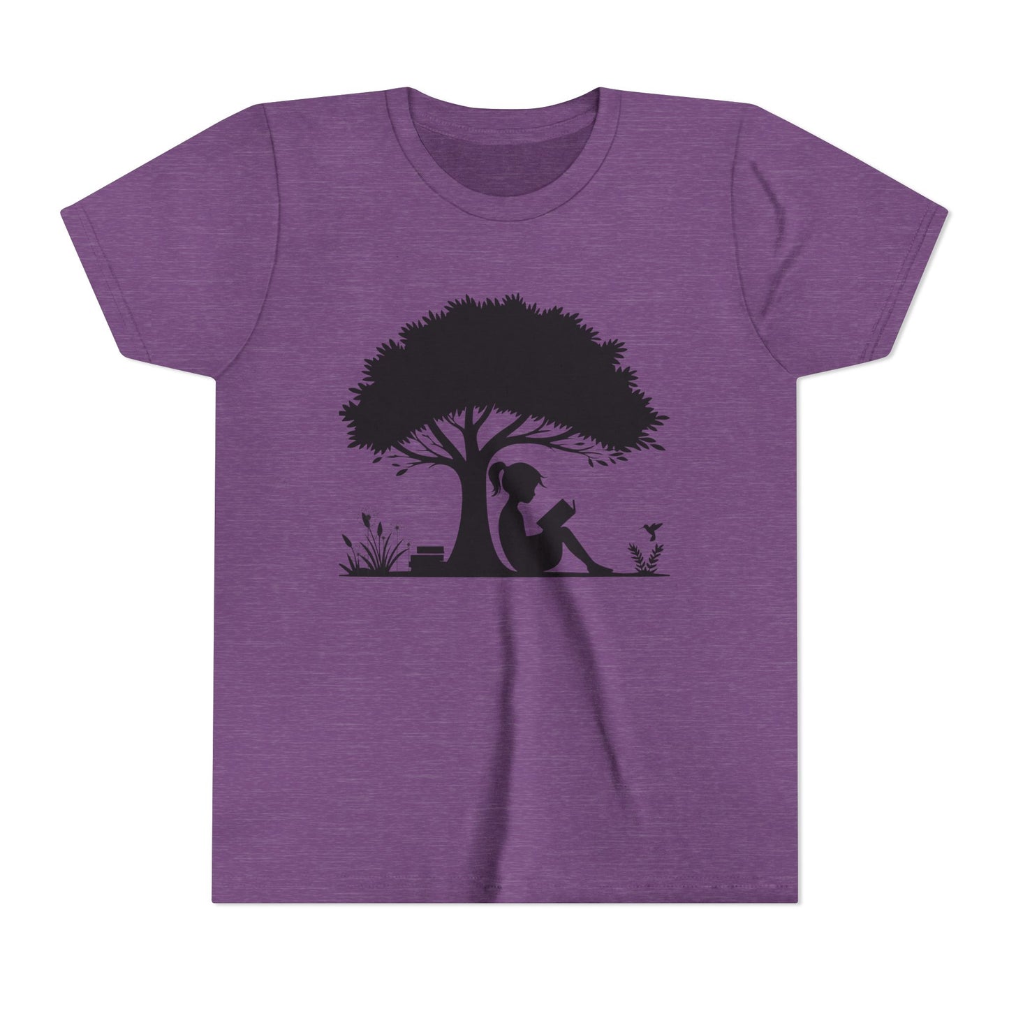 Purple t-shirt with a black silhouette of a girl under a tree on a white background