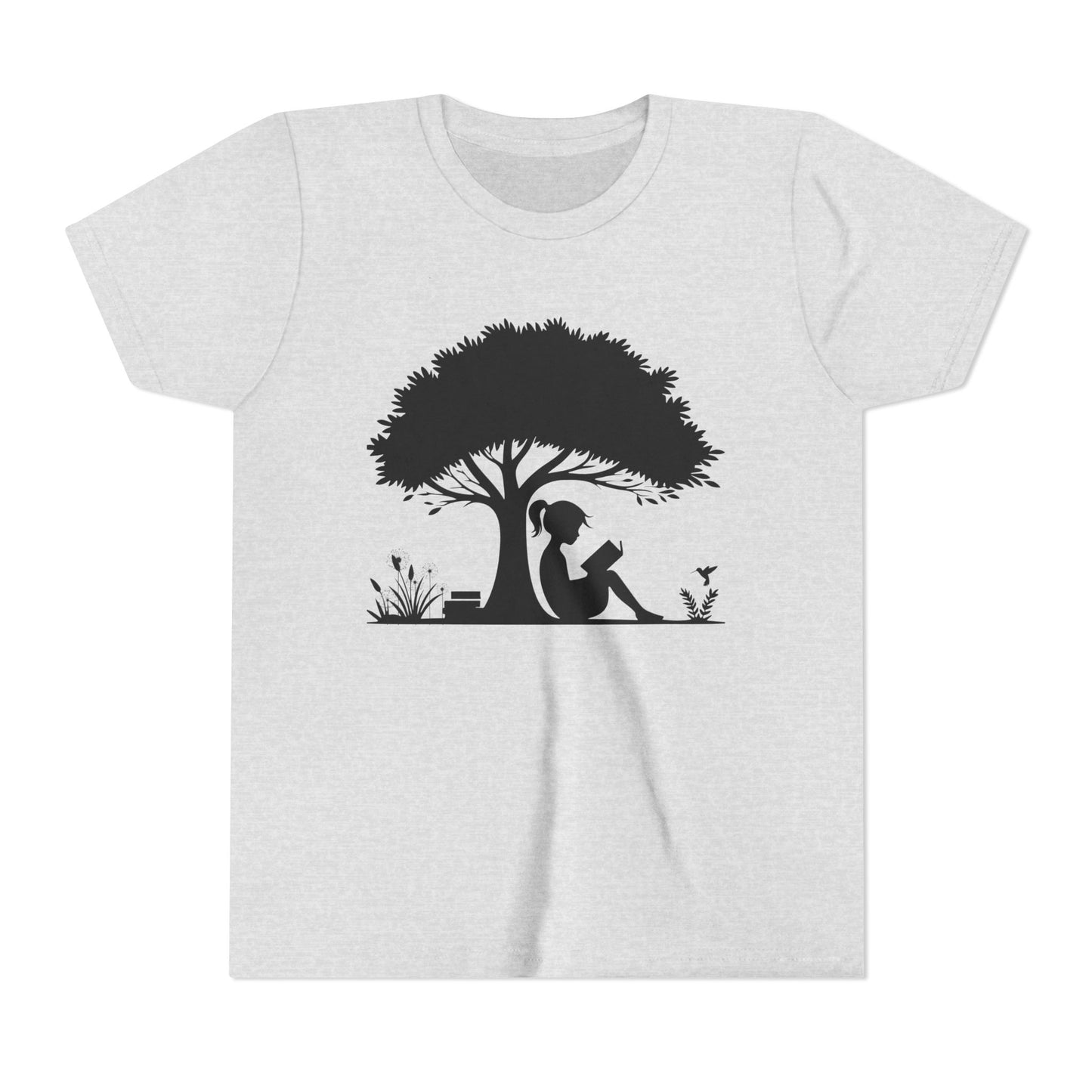 White t-shirt with a black silhouette of a girl under a tree on a white background