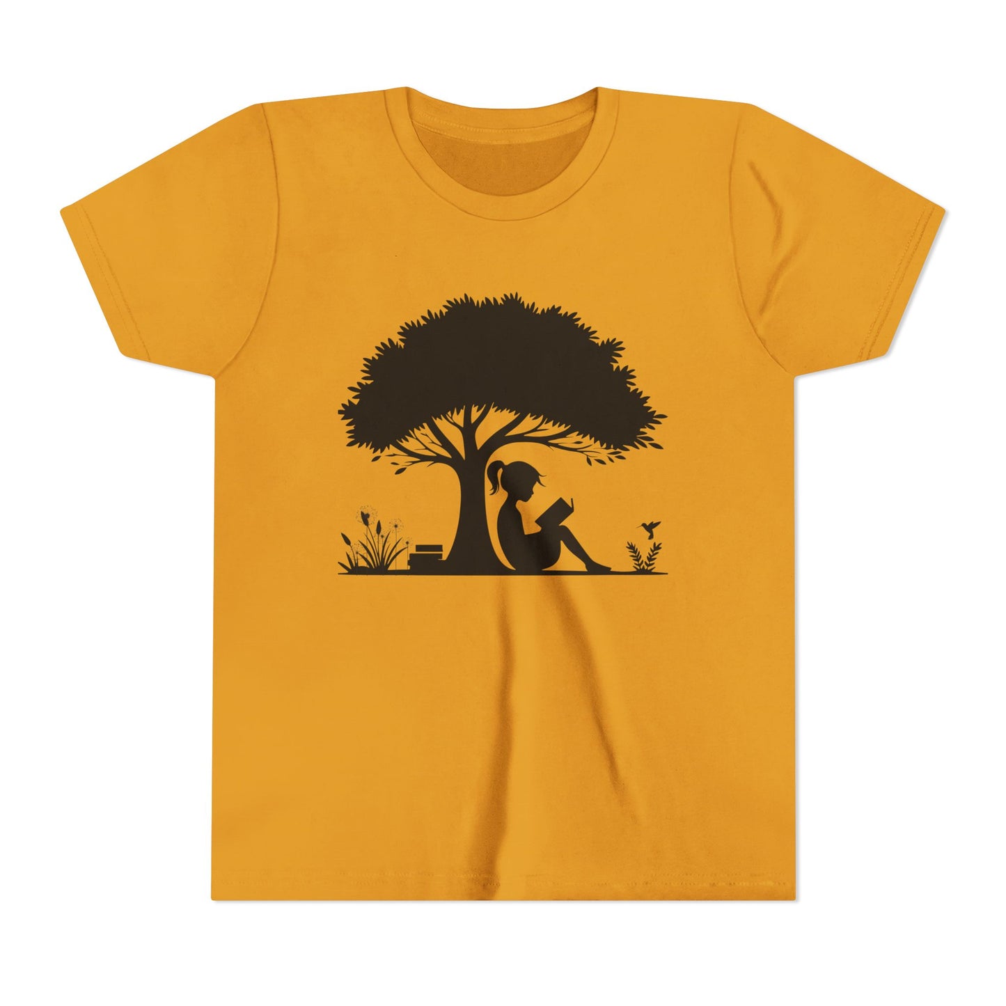 Yellow t-shirt with a black silhouette of a girl under a tree on a white background