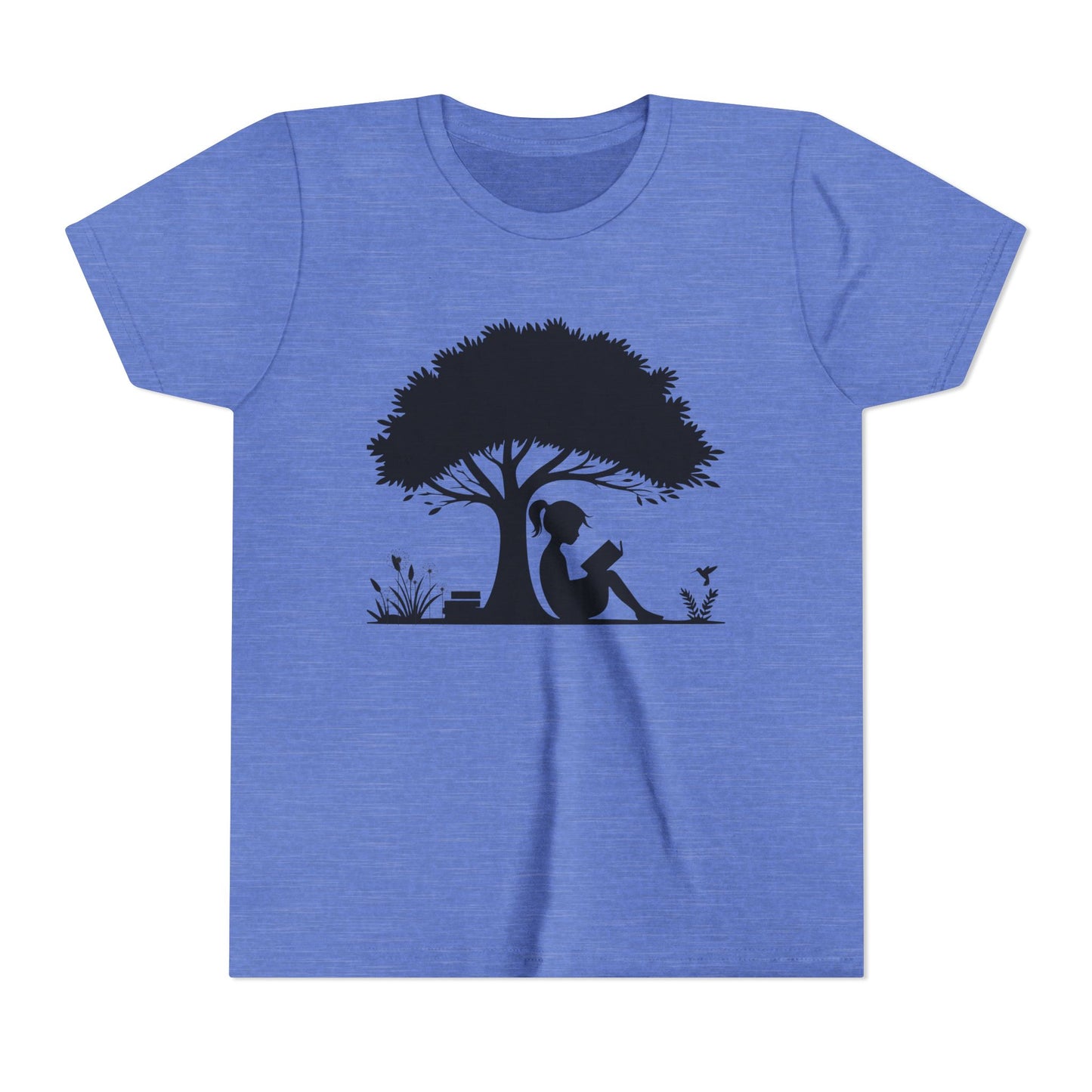 Blue t-shirt with a black silhouette of a girl under a tree on a white background
