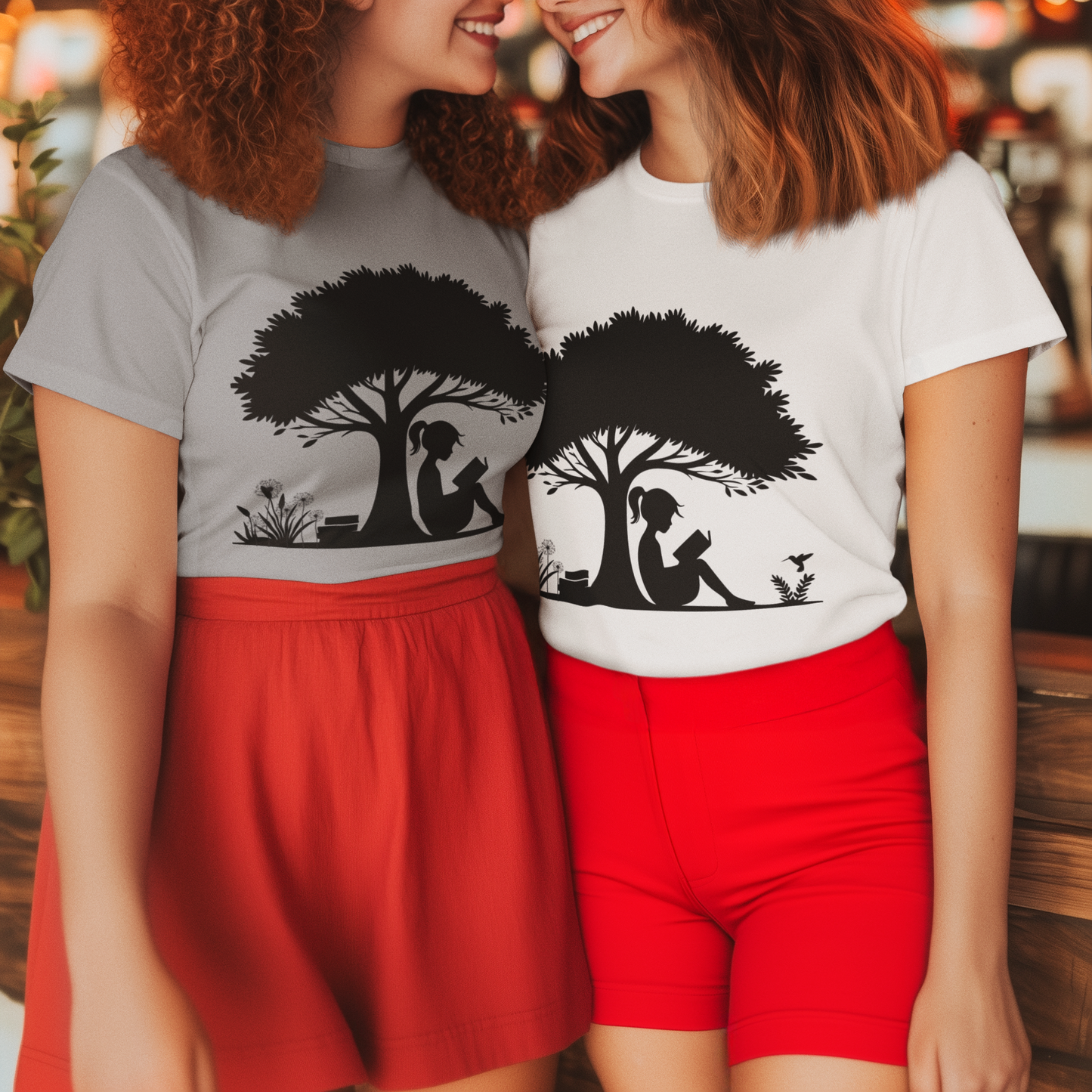 Two people wearing t-shirts with a tree and person silhouette design, standing close together.