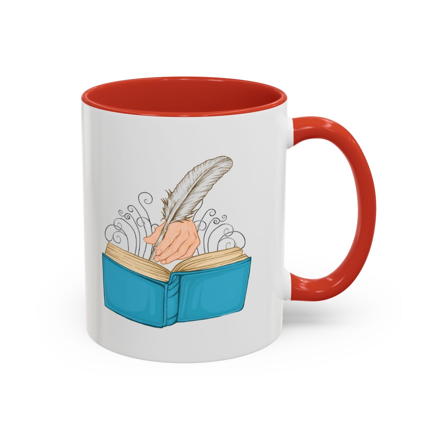 Mug with a design of a hand holding a feather over an open book, against a white background.