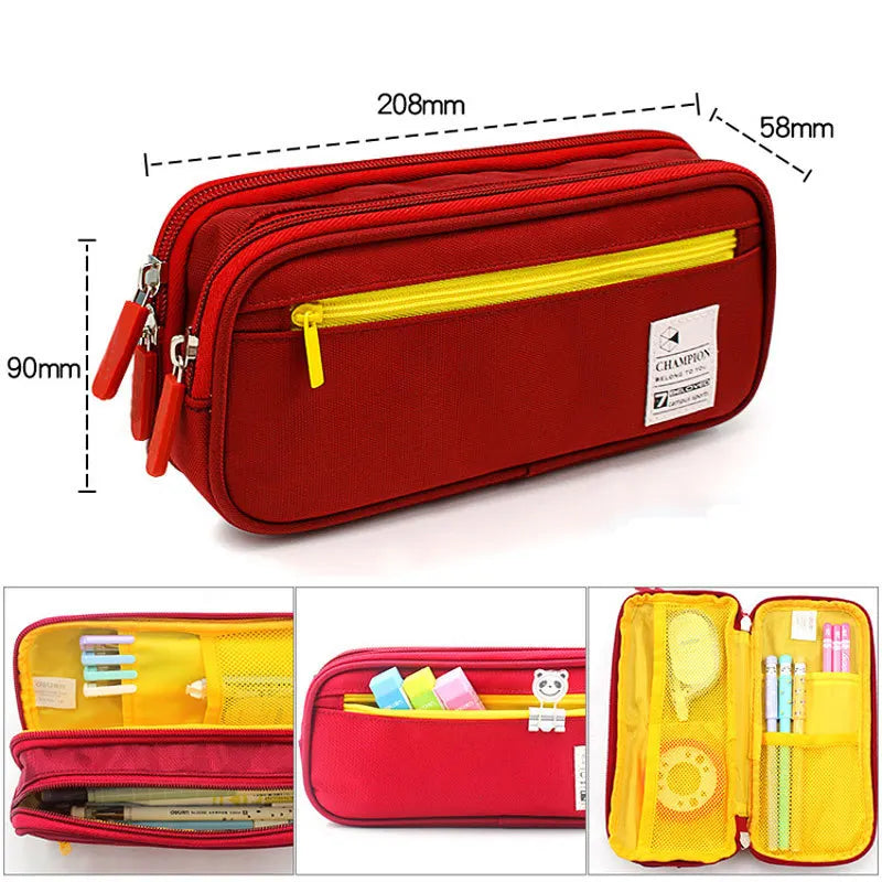 Red pencil case with yellow zipper and measurements on a white background