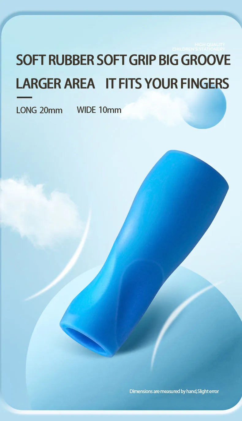 Blue soft rubber grip with text on a light blue background
