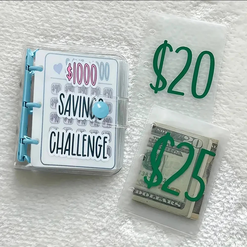 Savings challenge tracker with money amounts on a textured white background