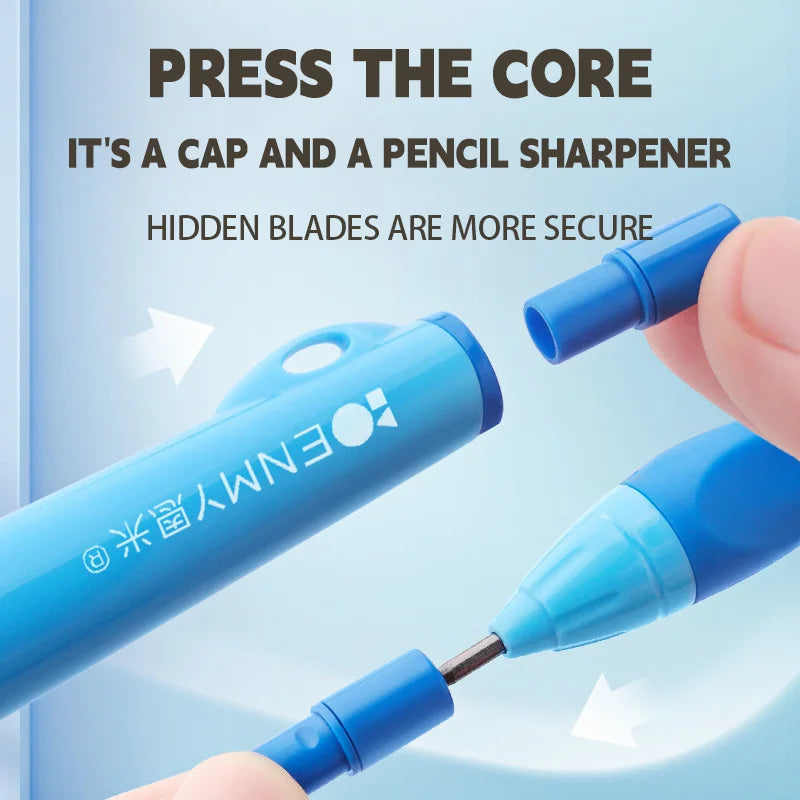 Blue pencil sharpener with text on a light blue background