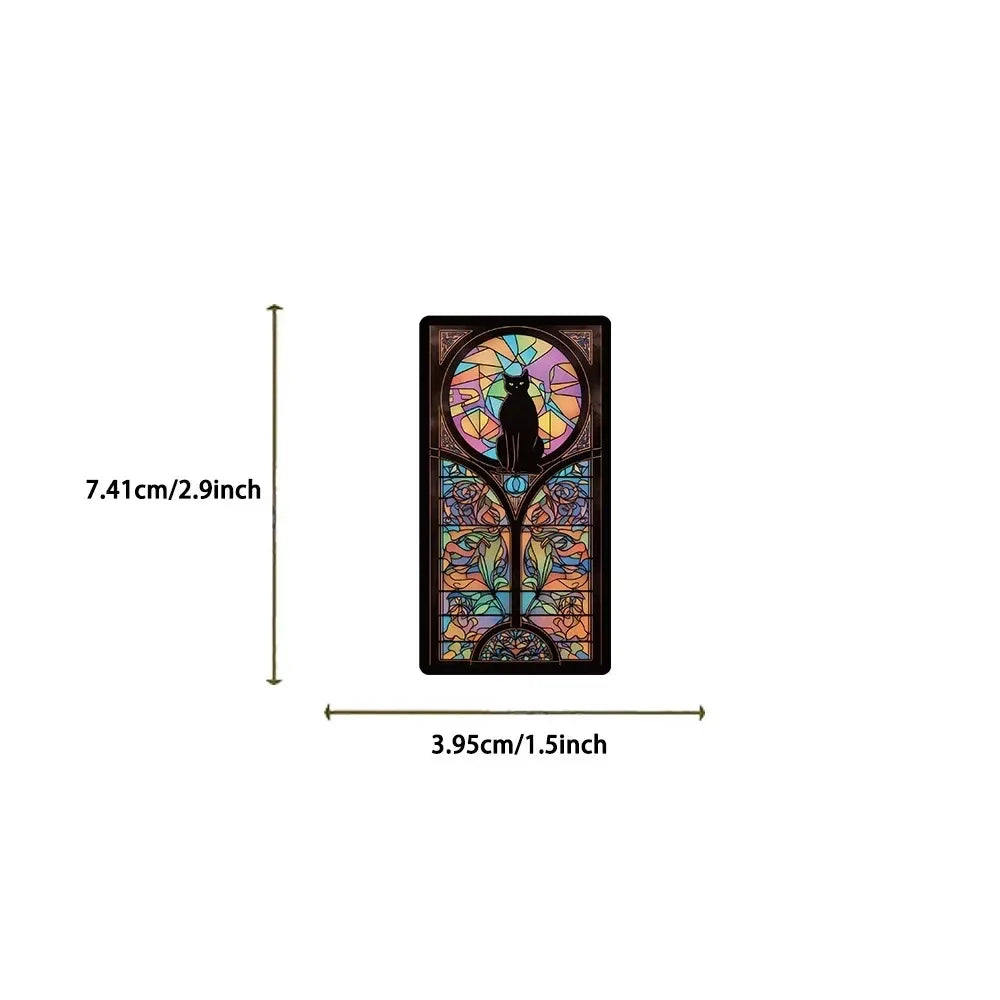 Stained glass design with a cat silhouette, shown with measurements on a white background.