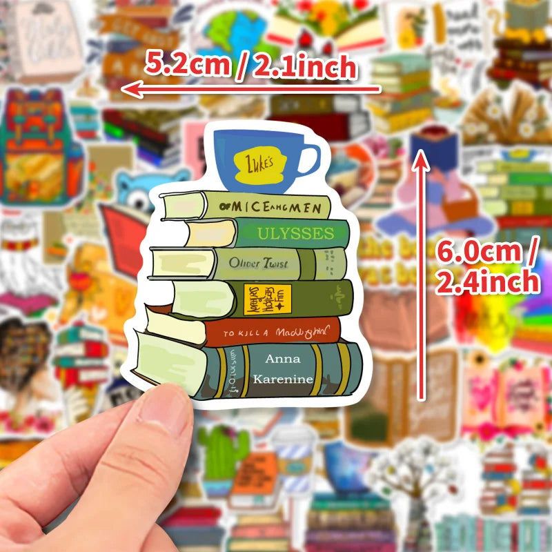 Sticker of books with a cup on top, held by a hand against a colorful background.