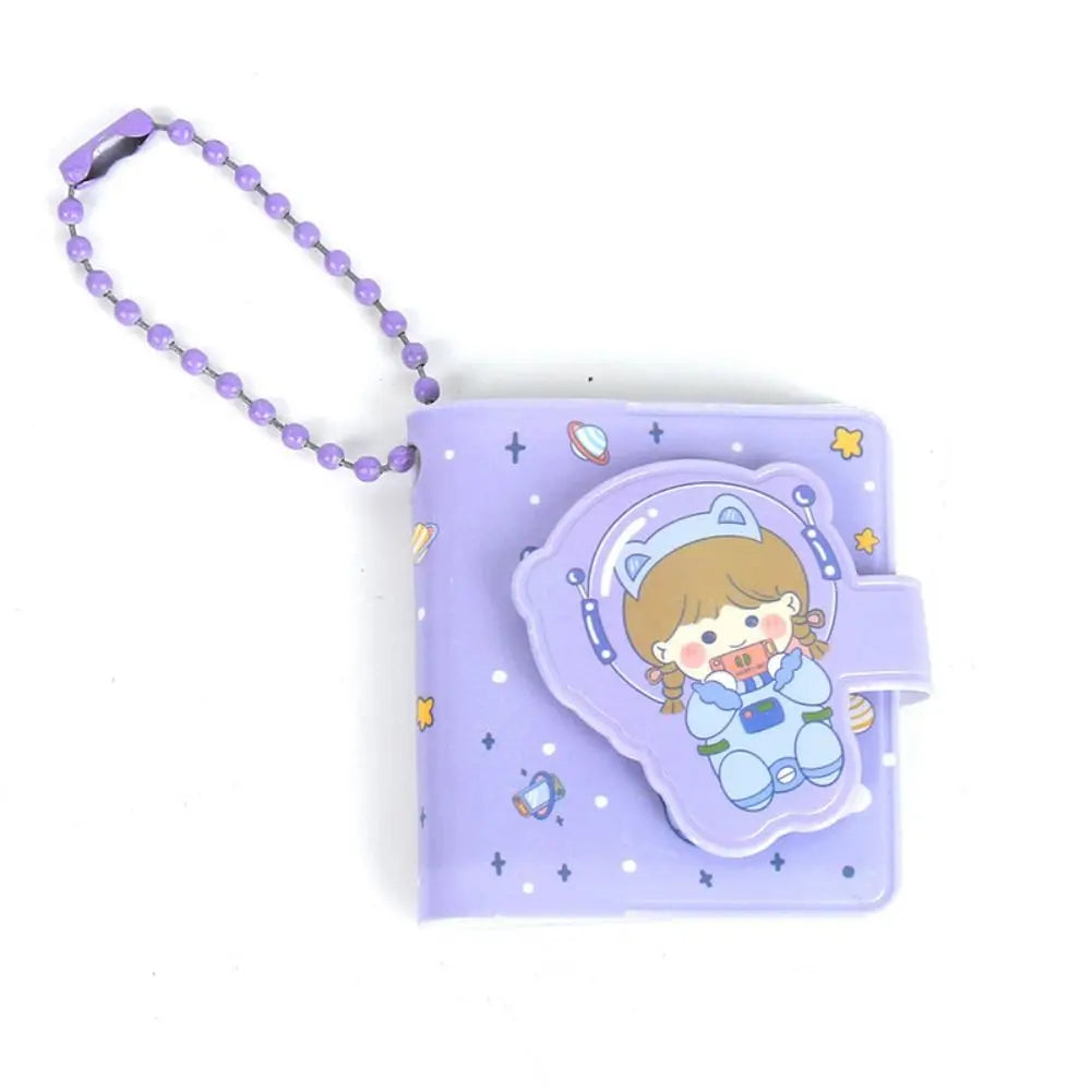 Purple card holder with cartoon character and strap on a white background