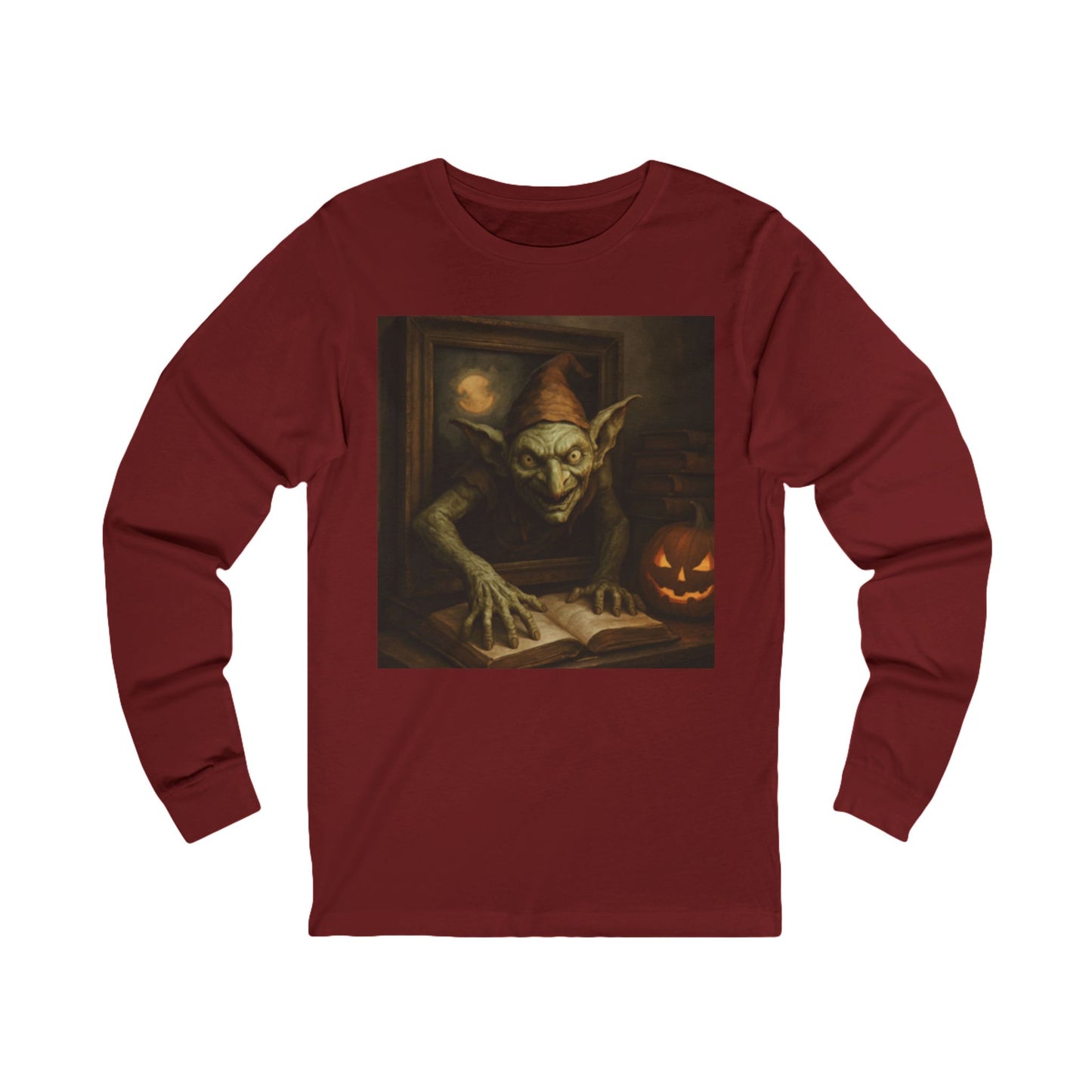 Red long-sleeve shirt with a goblin and pumpkin design on a white background