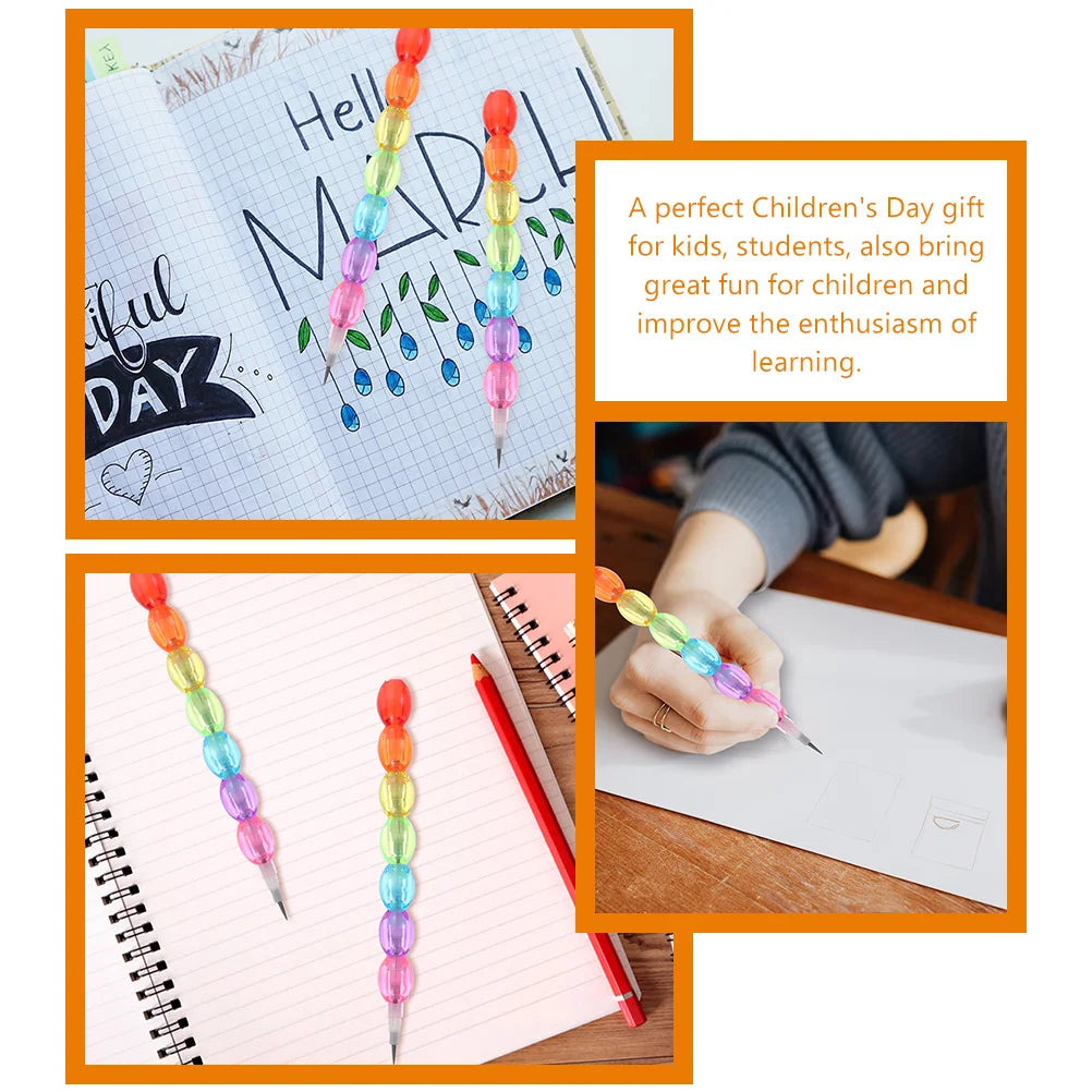 Collage of colorful pens with beads, a notebook, and a child writing.