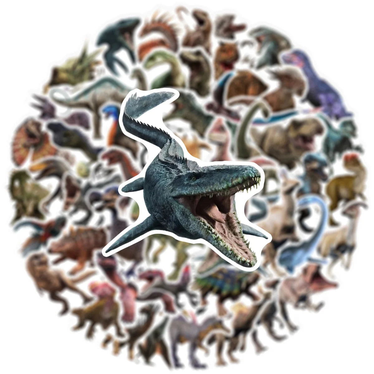 Collection of various dinosaur figurines with a prominent green dinosaur in the center.