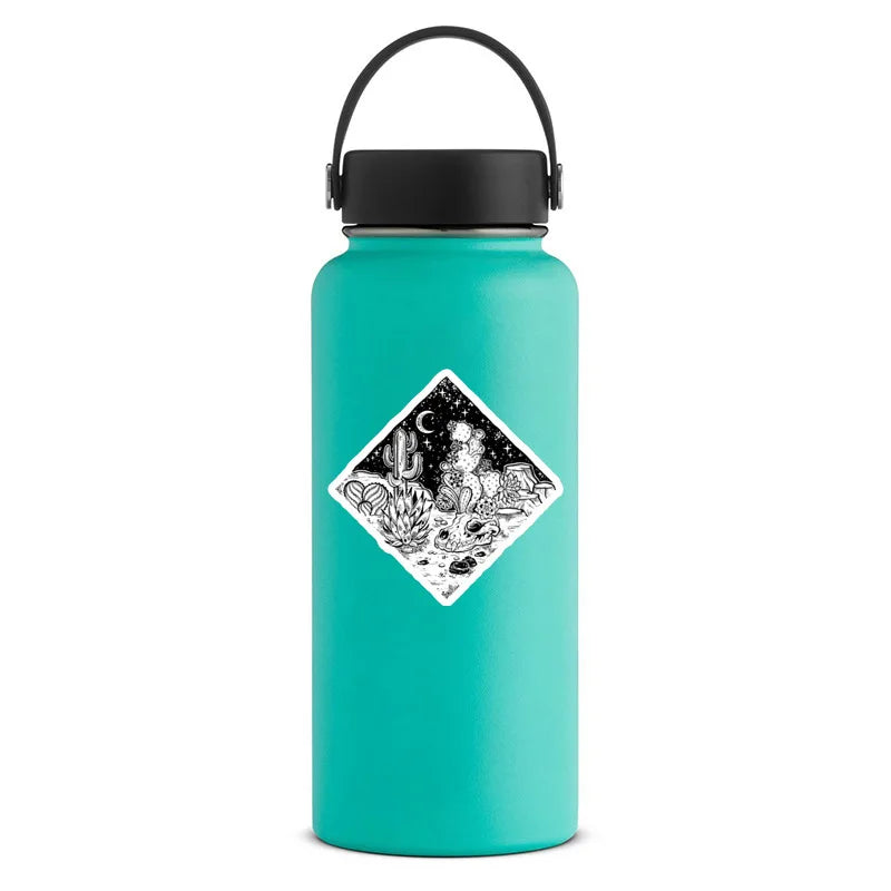 Teal water bottle with black lid featuring a black and white graphic on a white background