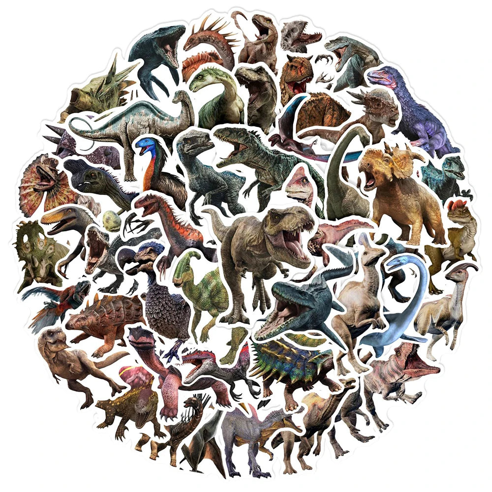 Collection of various dinosaur illustrations arranged in a circular pattern on a white background.