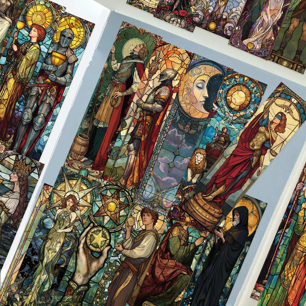 Colorful stained glass-style artwork with various figures and symbols.
