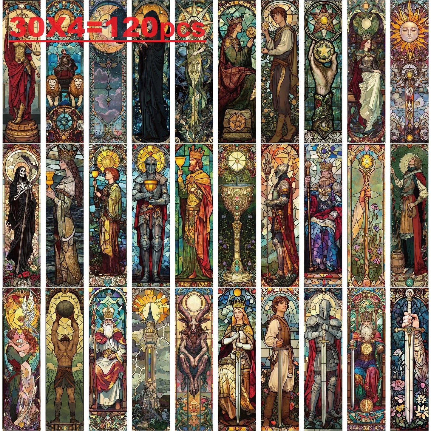 Stained glass window design with various figures and symbols, totaling 120 pieces.