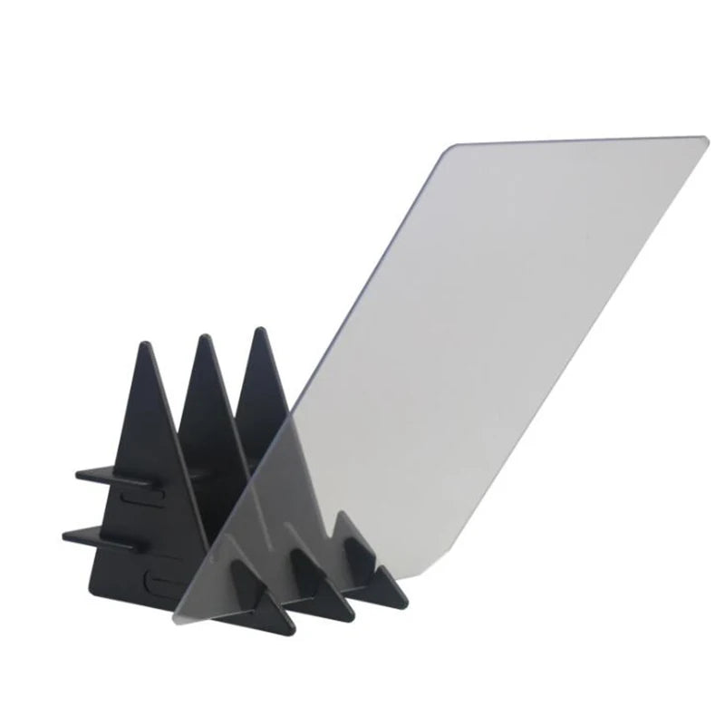 Black plastic spike stand with a clear acrylic panel on a white background