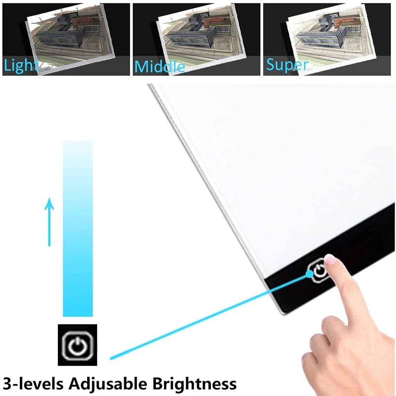 Adjustable brightness control on a tablet screen with three levels labeled 'Light', 'Middle', and 'Super'.