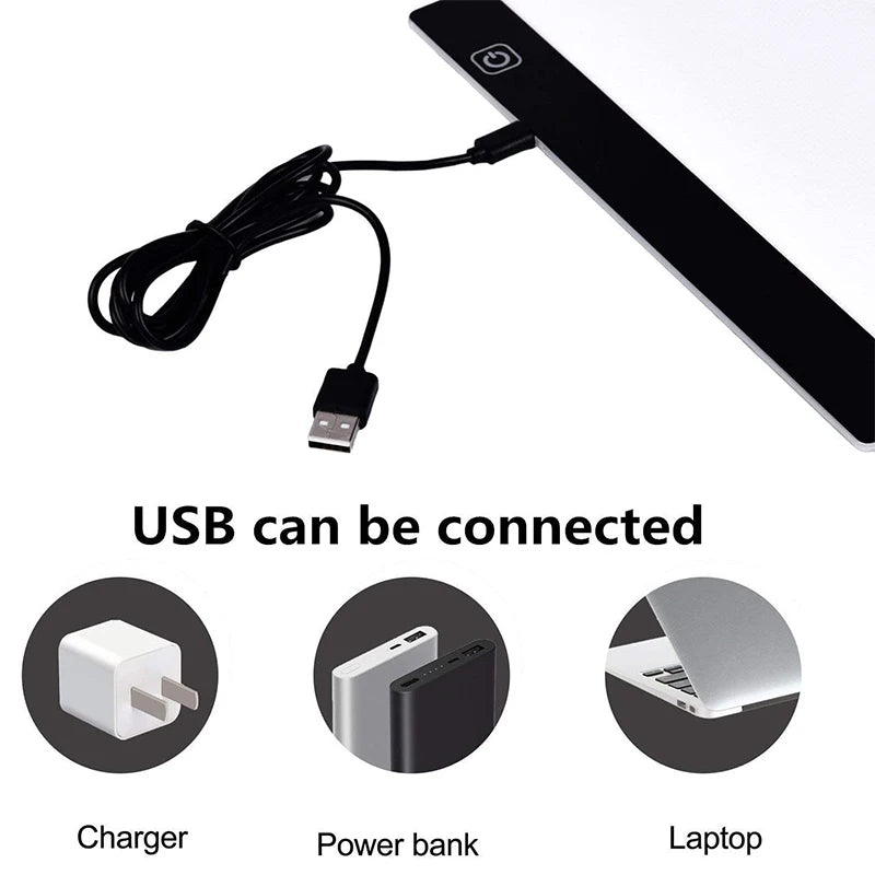 USB cable connected to a device with icons and text indicating compatibility with charger, power bank, and laptop.