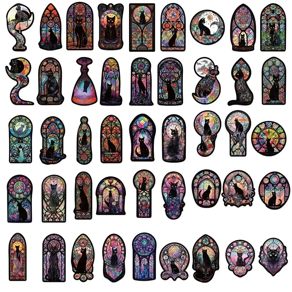 Collection of colorful cat-themed stickers with various designs on a white background.