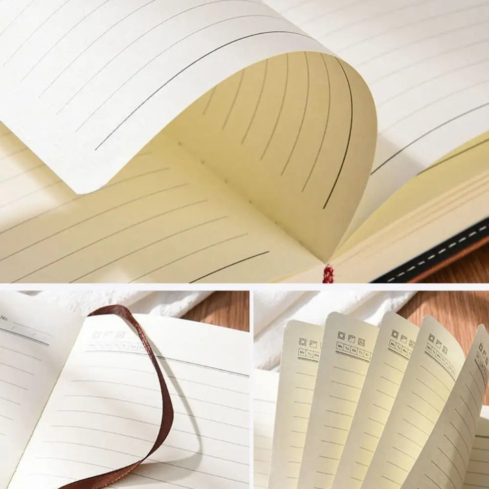Collage of notebooks with lined pages and a leather-bound book.