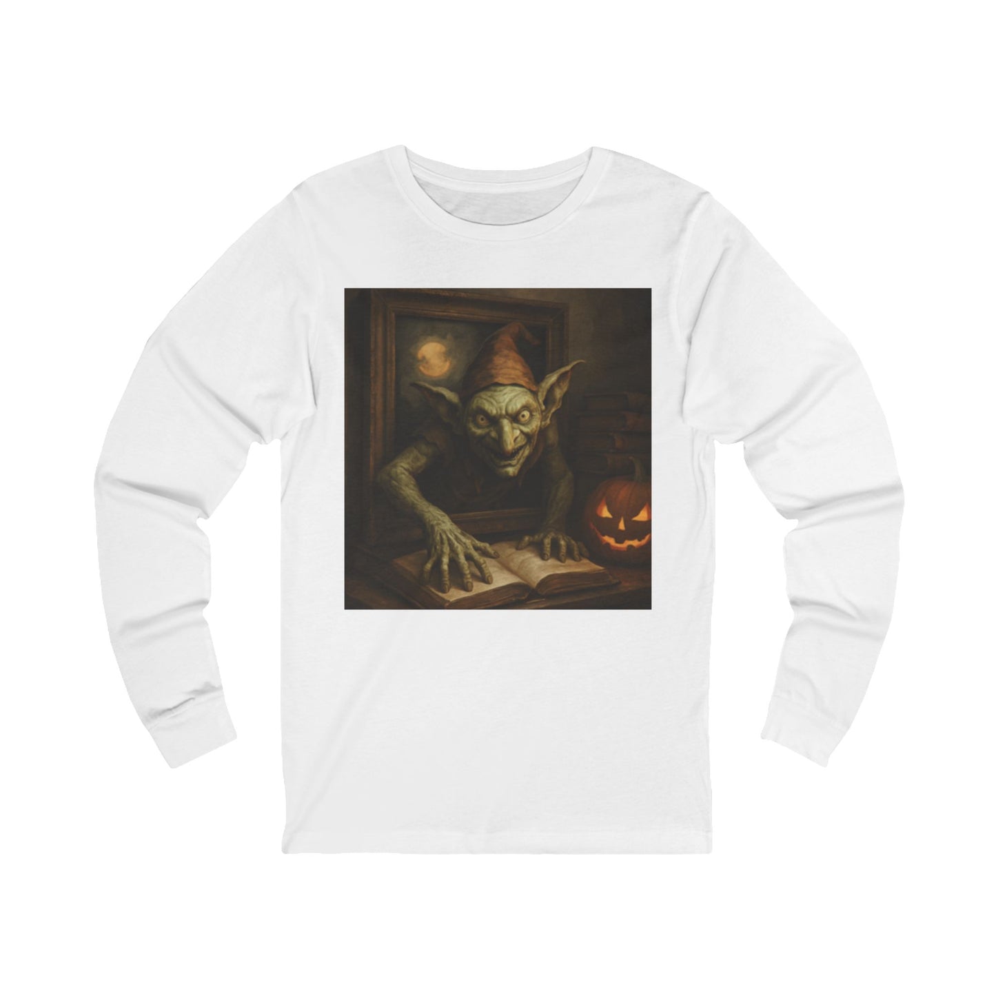 White long-sleeve shirt with a goblin reading a book design on a white background