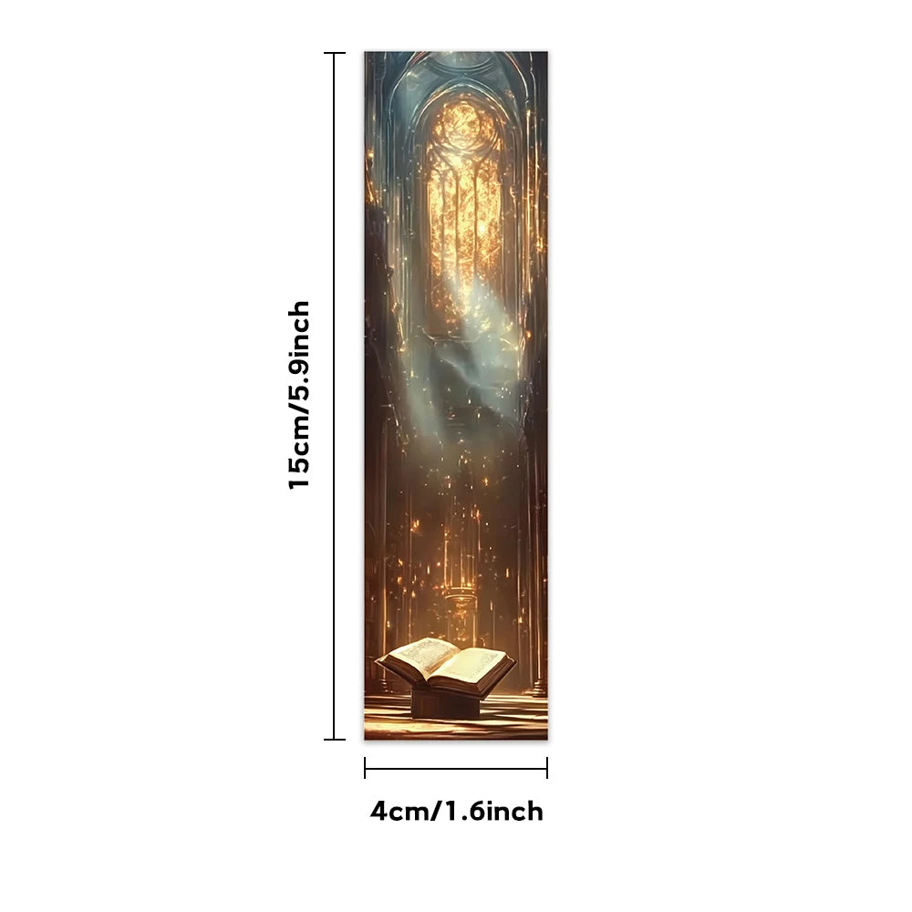 Decorative panel with a book and cathedral design, showing dimensions on a white background.