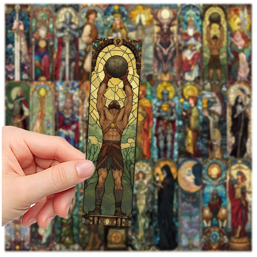 Colorful tarot card with a person lifting a ball, held by a hand against a blurred tarot card background.
