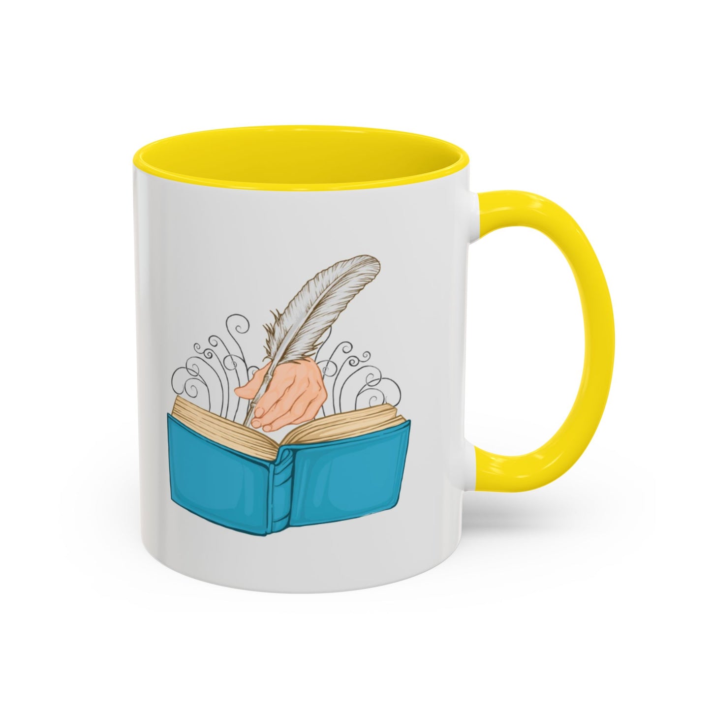 Mug with a design of a hand holding a feather over an open book, against a white background.