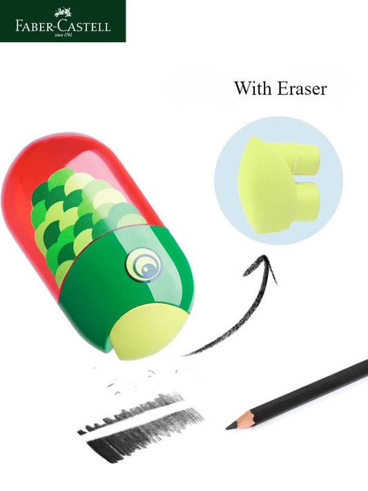Colorful pencil with eraser and Faber-Castell branding on a white background