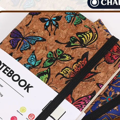 Cork notebook with butterfly design and additional features on a brown background